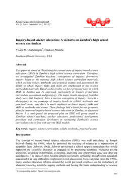 Inquiry-Based Science Education: a Scenario on Zambia's High School