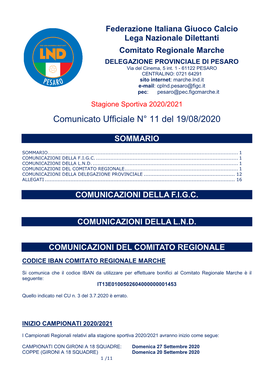 Comunicato Ufficiale N° 11 Del 19/08/2020