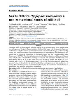 Sea Buckthorn Hippophae Rhamnoides a Non-Conventional Source of Edible Oil