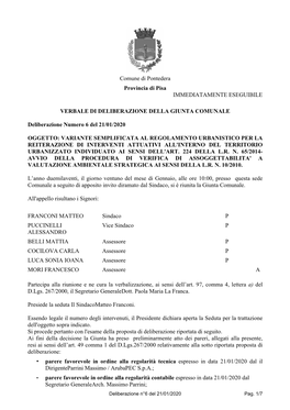 Comune Di Pontedera Provincia Di Pisa IMMEDIATAMENTE ESEGUIBILE