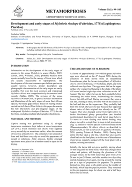 Metamorphosis Issn 1018–6490 (Print) Issn 2307–5031 (Online) Lepidopterists’ Society of Africa