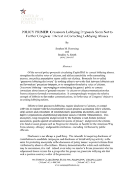 Grassroots Lobbying Proposals Seem Not to Further Congress’ Interest in Correcting Lobbying Abuses