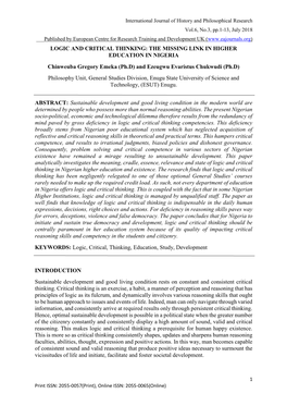 LOGIC and CRITICAL THINKING: the MISSING LINK in HIGHER EDUCATION in NIGERIA Chinweuba Gregory Emeka