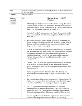 Some Incidents and Circumstances Written by William F. Haile in the Course of His Life, 1859 Creator: Haile, William F