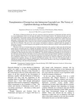 Transplantation of Foreign Law Into Indonesian Copyright Law: the Victory of Capitalism Ideology on Pancasila Ideology