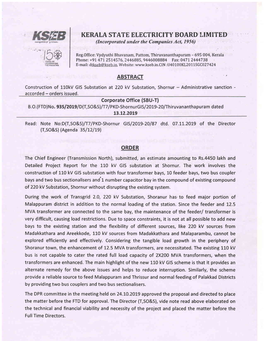 ABSTRACT I Construction of 110Kv GIS Substation at 220 Kv Substation, Shornur - Administrative Sanction - Accorded - Orders Issued