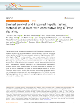 Limited Survival and Impaired Hepatic Fasting Metabolism in Mice with Constitutive Rag Gtpase Signaling