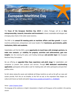 The Focus of the European Maritime Day 2019 in Lisbon, Portugal, Will Be on Blue Entrepreneurship, Research, Innovation and Inve