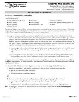 RECEIPTS and CONTRACTS Bureau of Driver Training Programs Commissioner Regulations Part 76.8, Records and Contracts — Highlights Regarding