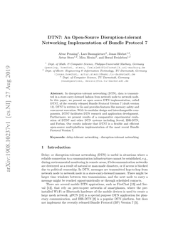 Arxiv:1908.10237V1 [Cs.NI] 27 Aug 2019 Network Node to Network Node in a Store-Carry-Forward Manner