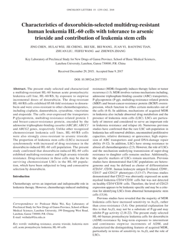 Characteristics of Doxorubicin‑Selected Multidrug‑Resistant Human Leukemia HL‑60 Cells with Tolerance to Arsenic Trioxide and Contribution of Leukemia Stem Cells