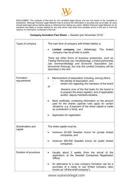 SWEDEN Company Formation Fact Sheet