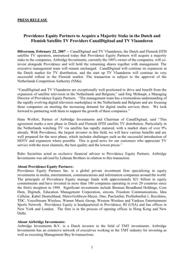 Providence Equity Partners to Acquire a Majority Stake in the Dutch and Flemish Satellite TV Providers Canaldigitaal and TV Vlaanderen