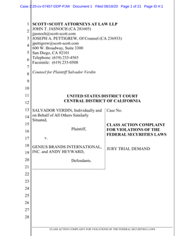 Salvador Verdin, Et Al. V. Genius Brands International, Inc., Et Al. 20-CV-07457-Class Action Complaint for Violations of the F