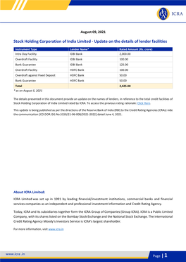 Stock Holding Corporation of India Limited - Update on the Details of Lender Facilities