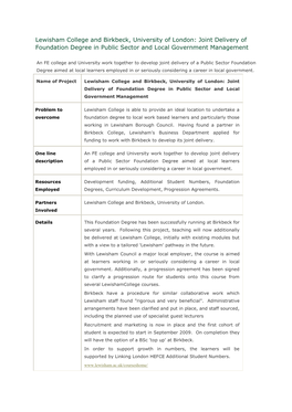 Lewisham College and Birkbeck, University of London: Joint Delivery of Foundation Degree in Public Sector and Local Government Management