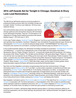 2014 Jeff Awards Set for Tonight in Chicago; Goodman & Drury Lane