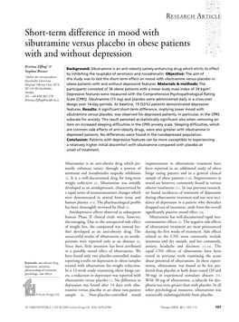 Short-Term Difference in Mood with Sibutramine Versus Placebo in Obese Patients with and Without Depression