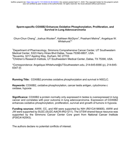 Sperm-Specific COX6B2 Enhances Oxidative Phosphorylation, Proliferation, and Survival in Lung Adenocarcinoma