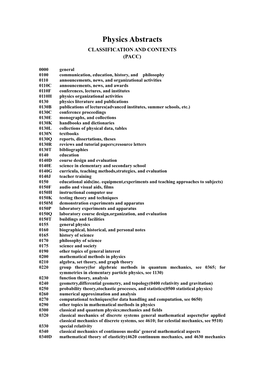 Physics Abstracts CLASSIFICATION and CONTENTS (PACC)