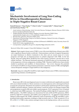 Mechanistic Involvement of Long Non-Coding Rnas in Oncotherapeutics Resistance in Triple-Negative Breast Cancer