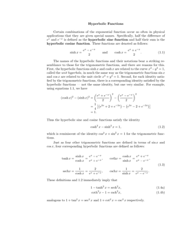 Hyperbolic Functions Certain Combinations of the Exponential