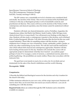 Jason Byassee, Vancouver School of Theology Th 6/780 Contemporary Trinitarian Thought Fall 2021, Tuesday Mornings 9 AM-12