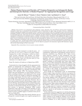 (Sarracenia) Provide a 21St-Century Perspective on Infraspecific Ranks and Interspecific Hybrids: a Modest Proposal* for Appropriate Recognition and Usage