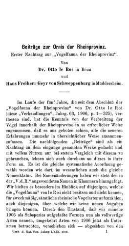 „Vogelfauna Der Rheinprovinz“ . Otto Le Roi, Hans Freiherr