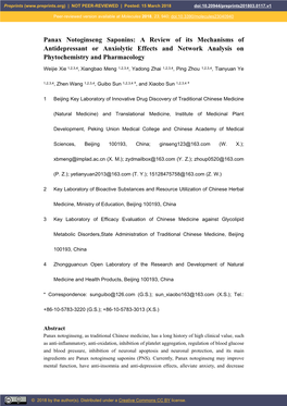 Panax Notoginseng Saponins: a Review of Its Mechanisms of Antidepressant Or Anxiolytic Effects and Network Analysis on Phytochemistry and Pharmacology