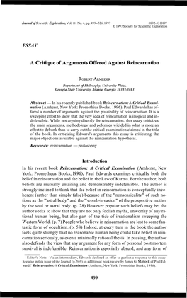 ESSAY a Critique of Arguments Offered Against Reincarnation