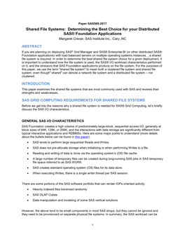 Shared File Systems: Determining the Best Choice for Your Distributed SAS® Foundation Applications Margaret Crevar, SAS Institute Inc., Cary, NC