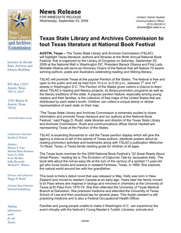 News Release for IMMEDIATE RELEASE Contact: Derick Hackett Wednesday, September 23, 2009 Communications Officer (512) 463-5514 Dhackett@Tsl.State.Tx.Us