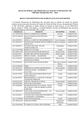 Seleção Pública De Projetos Culturais Nº 003/2016/Sec-Mt “Prêmio Tradições Mt – 2016”