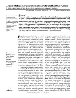 Assessment of Seasonal Variation of Drinking Water Quality in Mysore, India S