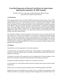 Coral Reef Inspection of Selected Coral Reefs on Upolu Samoa Following the September 29, 2009 Tsunami