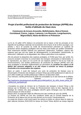 Projet D'arrêté Préfectoral De Protection De Biotope (APPB) Des Forêts D’Altitude Du Haut-Jura