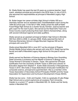 Dr. Shelly Butler Has Spent the Last 25 Years As a Science Teacher, Head Coach, Assistant Principal and Principal in the DFW Area