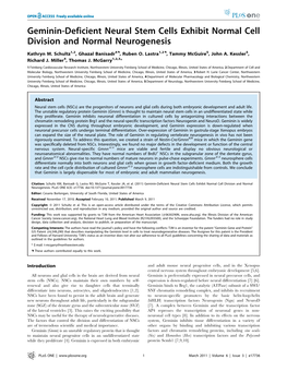 Geminin-Deficient Neural Stem Cells Exhibit Normal Cell Division and Normal Neurogenesis