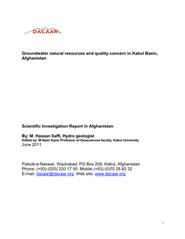 Groundwater Natural Resources and Quality Concern in Kabul Basin, Afghanistan