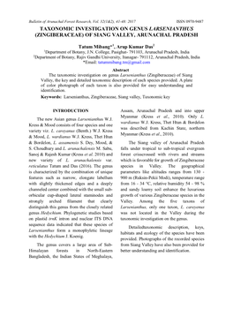 Taxonomic Investigation on Genus Larsenianthus (Zingiberaceae) of Siang Valley, Arunachal Pradesh