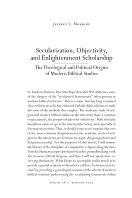 Secularization, Objectivity, and Enlightenment Scholarship the Theological and Political Origins of Modern Biblical Studies