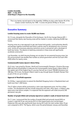 London Assembly MQT – 2 July 2014 22Nd Mayor’S Report to the Assembly