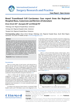 Renal Transitional Cell Carcinoma: Case Report from the Regional Hospital Buea, Cameroon and Review of Literature Enow Orock GE1*, Eyongeta DE2 and Weledji PE3