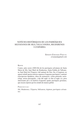 Notícies Històriques De Les Parròquies Selvatanes De Sils, Vallcanera, Riudarenes I L’Esparra