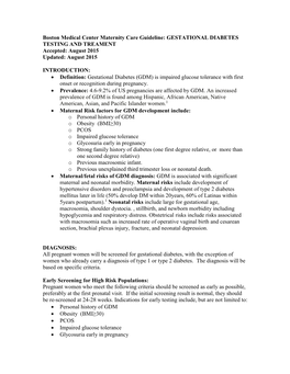 GESTATIONAL DIABETES TESTING and TREAMENT Accepted: August 2015 Updated: August 2015