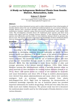 A Study on Indegenous Medicinal Plants from Gondia District, Maharashtra, India