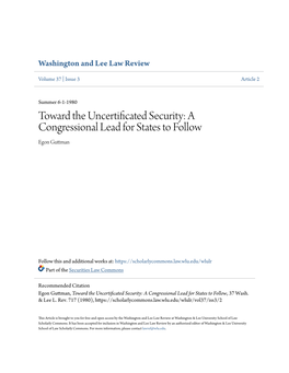 Toward the Uncertificated Security: a Congressional Lead for States to Follow Egon Guttman