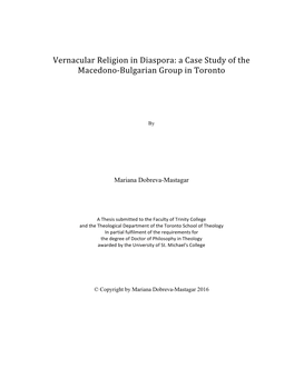 Vernacular Religion in Diaspora: a Case Study of the Macedono-Bulgarian Group in Toronto
