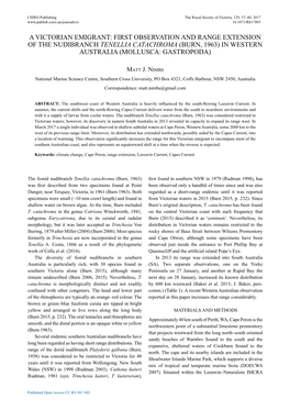 First Observation and Range Extension of the Nudibranch Tenellia Catachroma (Burn, 1963) in Western Australia (Mollusca: Gastropoda)